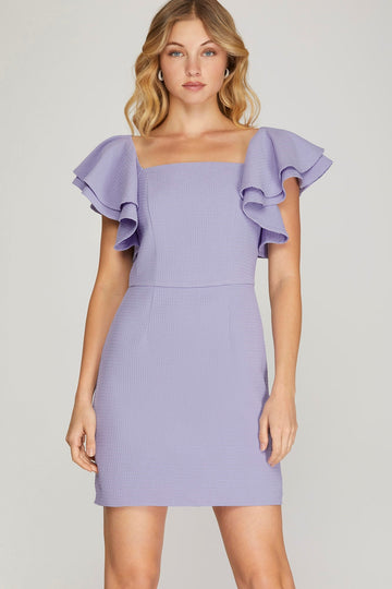 Lilac Double Ruffle Sleeve Textured Mini Dress – Square Neck Fit & Flare