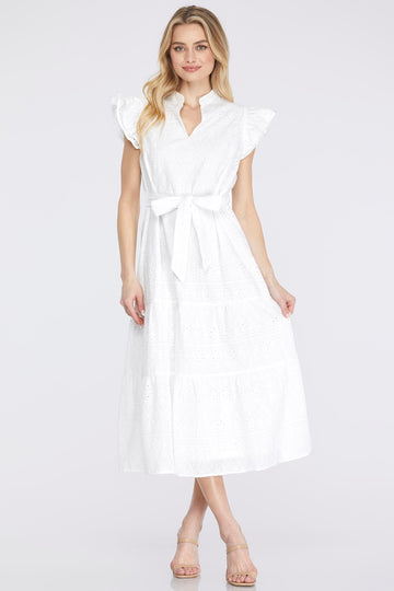 Ruffle Sleeve Eyelet Midi Dress with Waist Tie – Off White