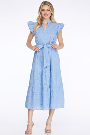 Ruffle Sleeve Eyelet Midi Dress with Waist Tie – Sky Blue