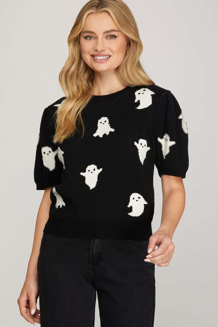 Black puff sleeve Ghost Sweater top by She and Sky, short sleeve knit sweater with puffed shoulders, front view.