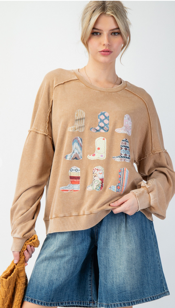 Boots Print Washed Terry Knit Pullover