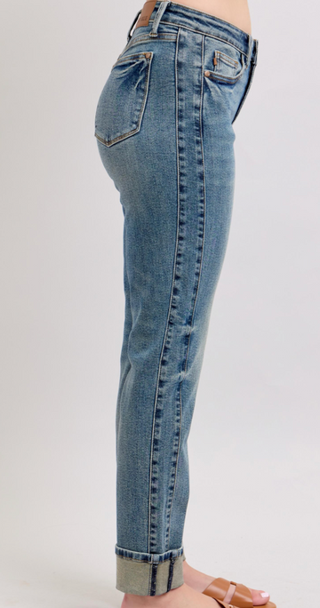 Mr. Vintage Wash Boyfriend Jeans with Side Seam Panel & Double Roll Cuff