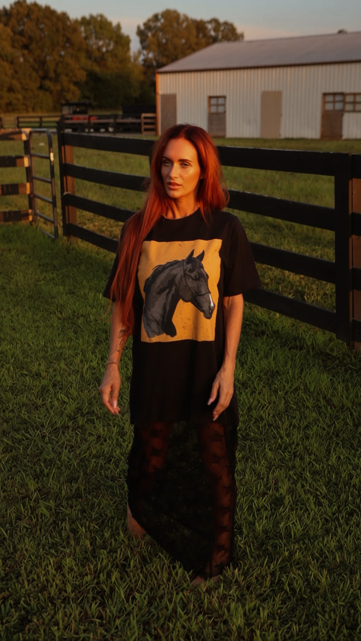 Black vintage horse graphic lace maxi T-shirt dress by Zutter featuring western style and relaxed fit.