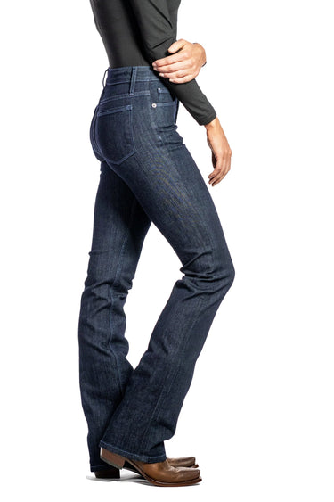 Haala Denim Venice bootcut jeans in midnight dusk blue with contrasting stitching, displayed on a hanger.