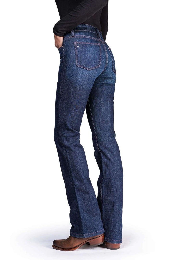 Haala Denim Venice bootcut jeans in Deep Ocean with violet stitching, showcasing the stylish denim fabric and classic fit.