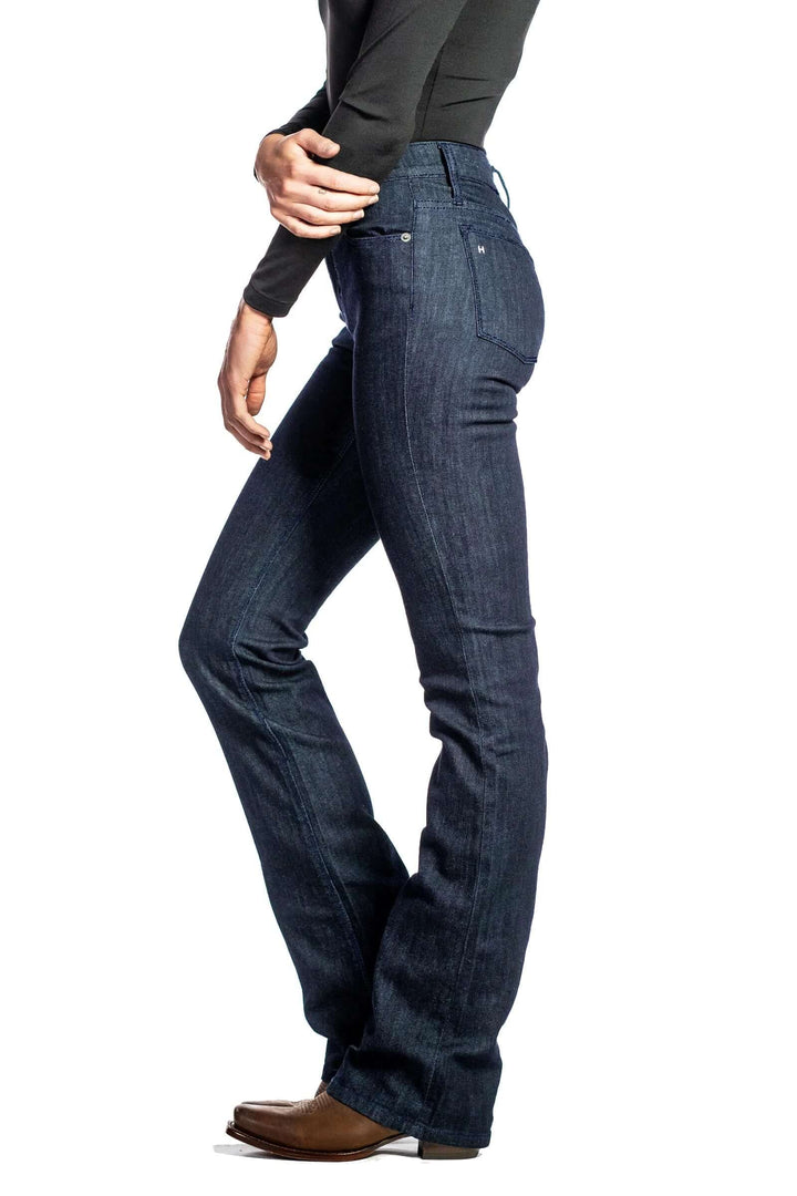 Haala Denim Venice bootcut jeans in midnight navy with contrasting navy stitching, shown on a model.