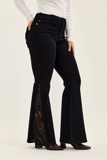 Judy Blue Jaqueline Black Lace Hem Ultra Flare Jeans, denim with lace detail at the hem, shown on a model.