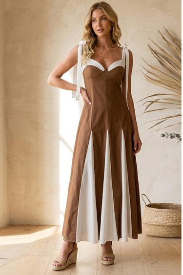 Chocolate brown and ivory contrast tie shoulder midi dress by Sunday Up, featuring a stylish and elegant design with a flattering fit.