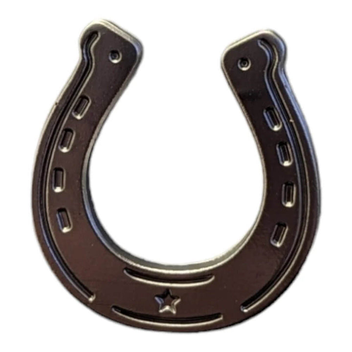 American Hat Maker horse shoe magnetic hat pin attached to a hat, featuring a detailed horse shoe design with a strong magnetic backing.