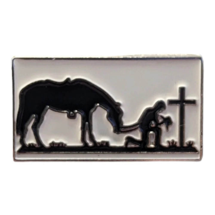 American Hat Maker praying cowboy magnetic hat pin on a hat, featuring detailed design and classic western style.