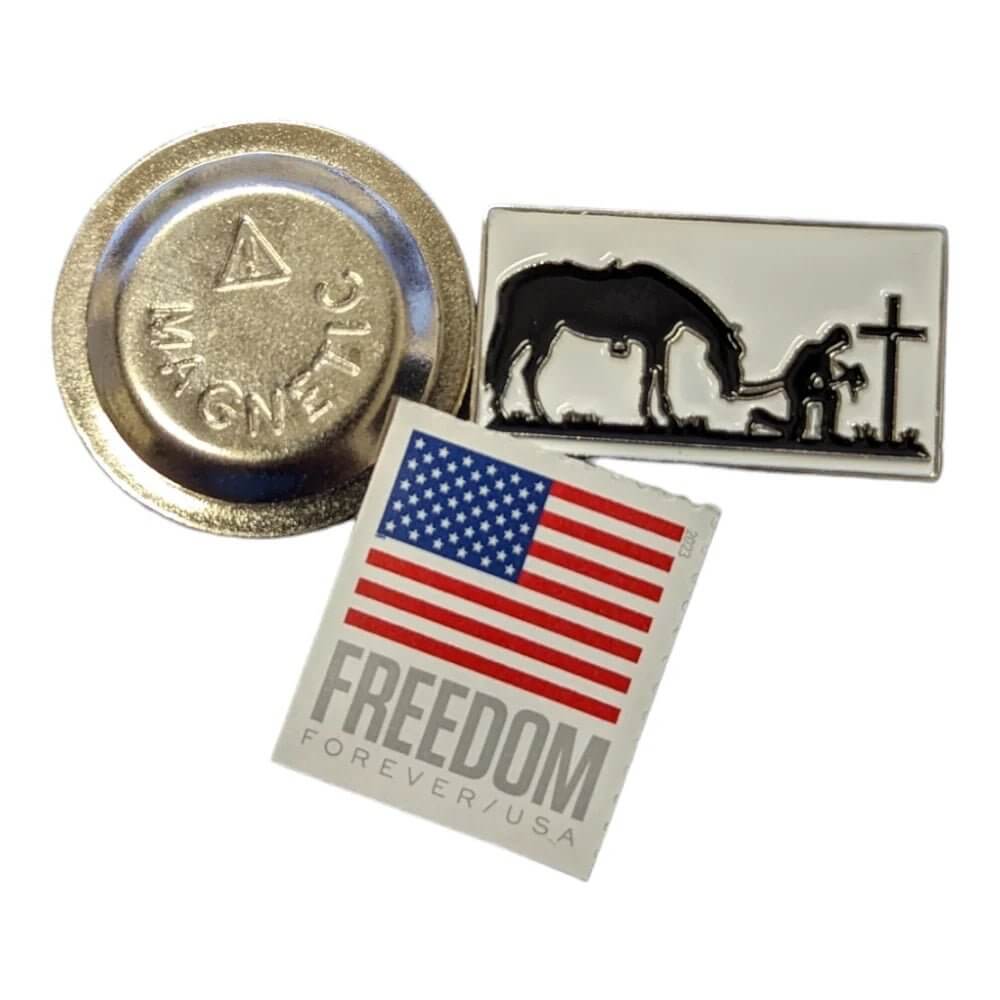 American Hat Maker praying cowboy magnetic hat pin, an accessory for cowboy hats with detailed praying cowboy design.