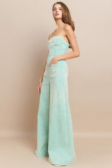Aqua Dream Tube Denim Jumpsuit – Wide Leg Mineral Wash Style - Cowgirl Charm