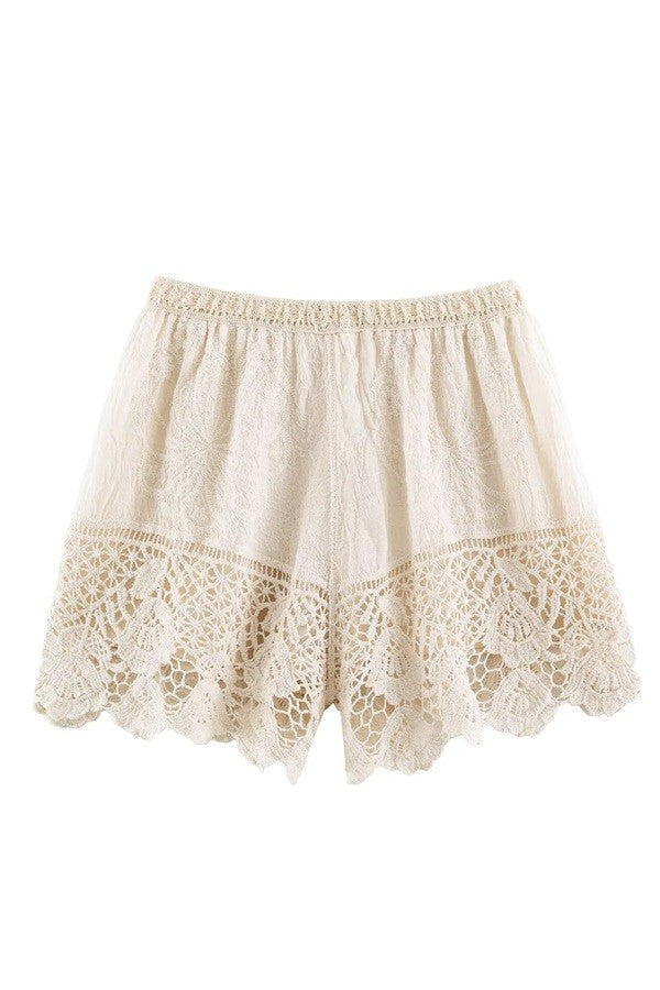 Free Spirit crochet lace shorts from Sunday Up featuring intricate lace details and a relaxed fit.