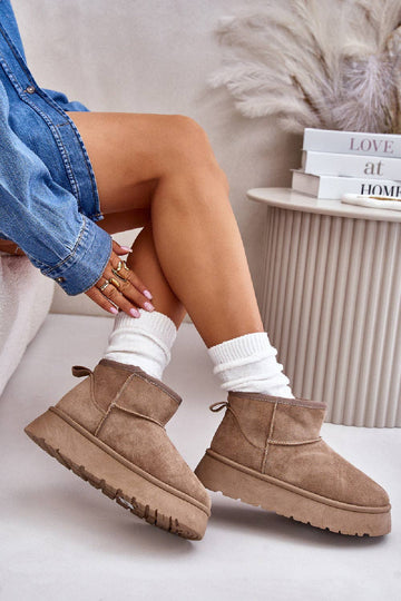 Camel Faux Fur Lined Ultra Mini Platform Women's Ankle Boots