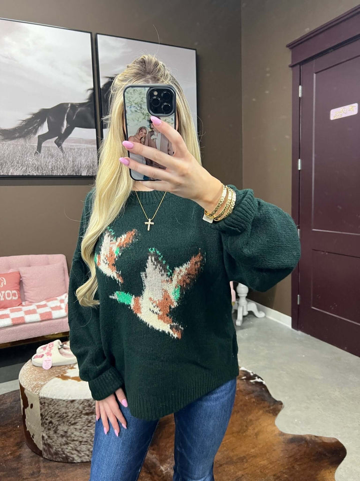 Bailey Rose short sleeve knit sweater featuring a colorful flying duck pattern on soft fabric.