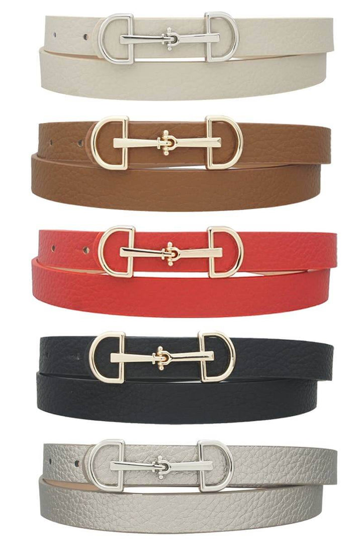 Anbfashion best Lux D-ring horse bit buckle skinny women's belt in black leather with silver hardware.