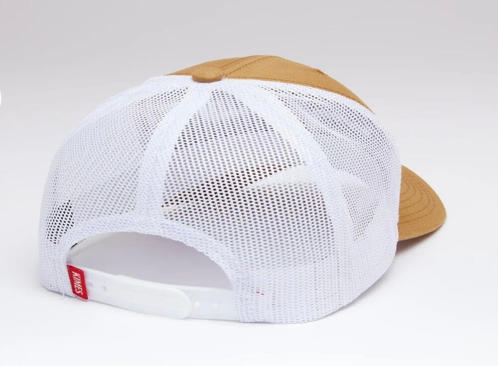 Brown Kimes weekly trucker hat with mesh back and curved brim, casual accessory for outdoor and everyday wear.