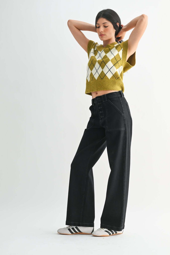 Black high-rise wide-leg denim jeans by JBD Just Black Denim with button-front closure and slim fit silhouette.