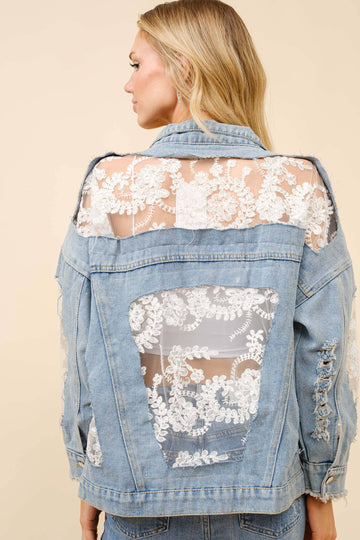 Lace Inset Raw Detail Oversized Denim Jacket