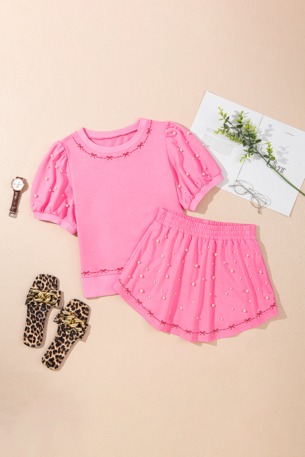 Pink Contrast Bow Trim Pearl Puff Sleeve Blouse and Skort 2pcs Set