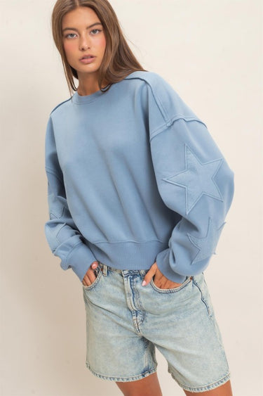 Dusty Blue Star Sleeve Sweatshirt | Women's Oversized Pullover
