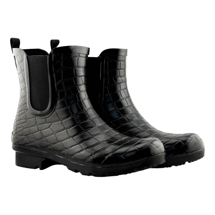 Roma Boots Chelsea black croc-embossed women's ankle rain boots with slip-on design and rubber sole for waterproof protection.