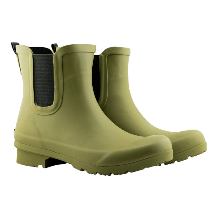 Roma Boots Chelsea matte olive women's ankle rain boots displayed with side view and textured matte finish.