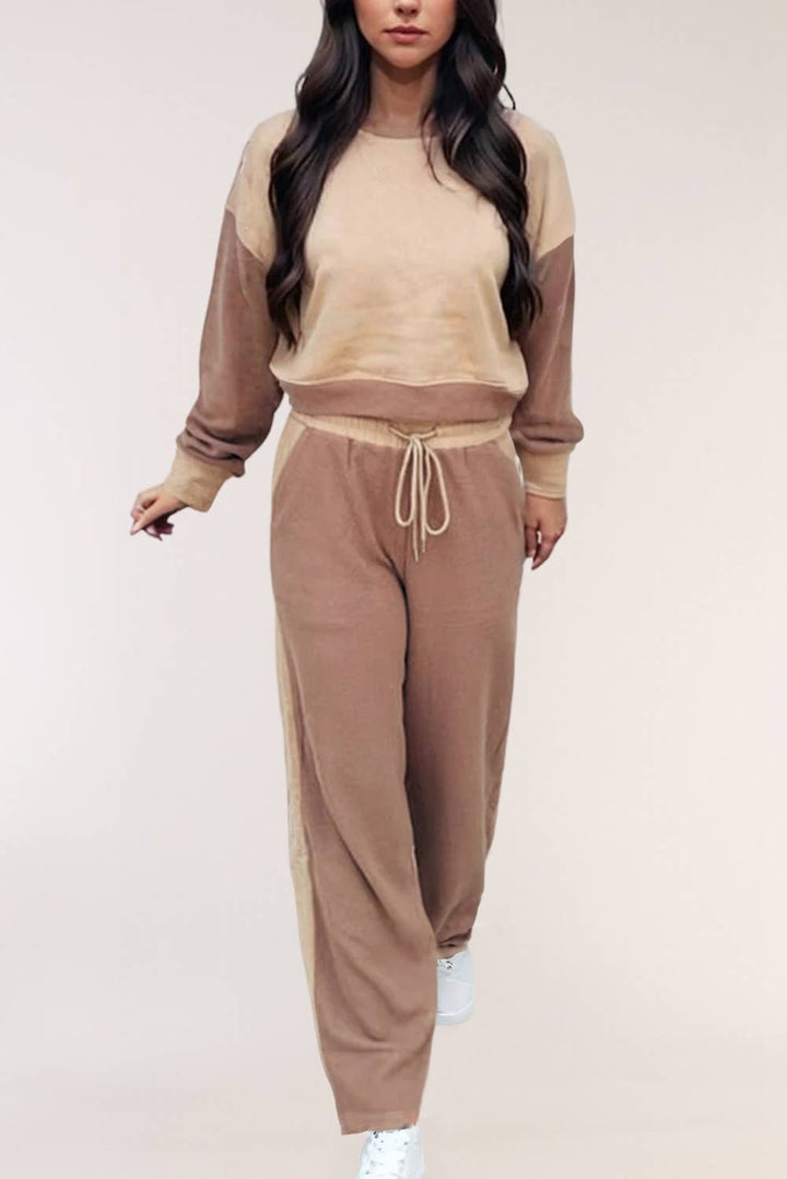 Color block drop shoulder loungewear set with lace-up high waist pants by LA Society, featuring a stylish and comfortable design.