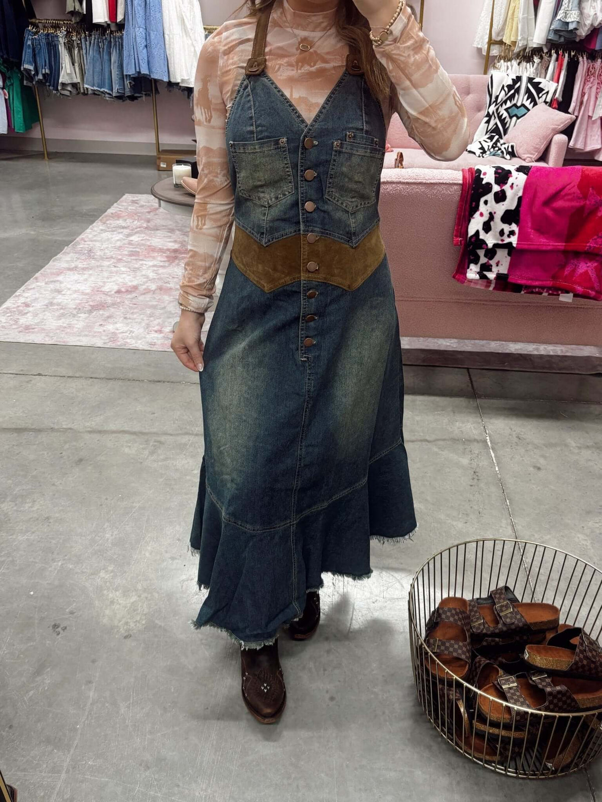 Contrast waist denim halter midi dress by ee:some, featuring a fitted bodice, flared skirt, and stylish halter neckline.