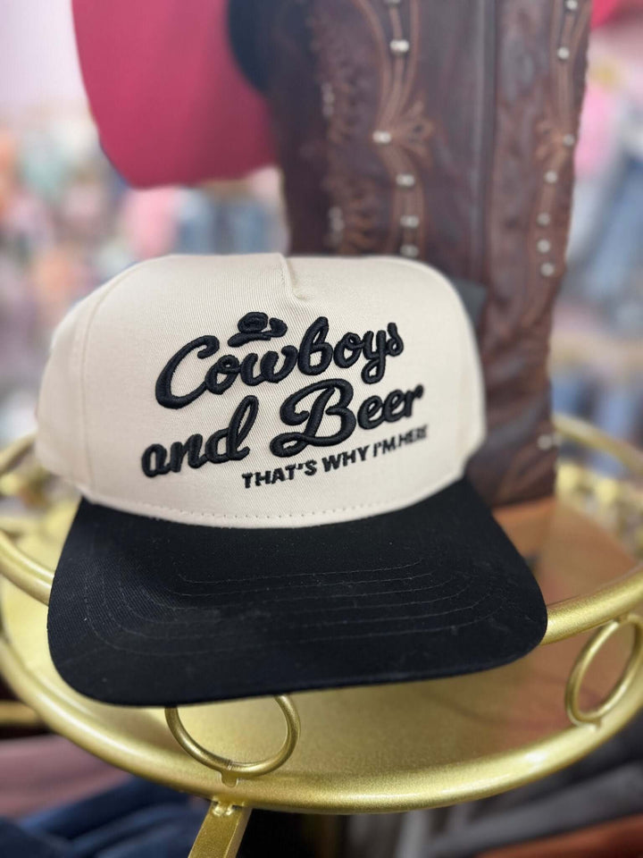 Urban Daizy Cowboys and Beer embroidered trucker cap with adjustable mesh back and colorful cowboy and beer design.