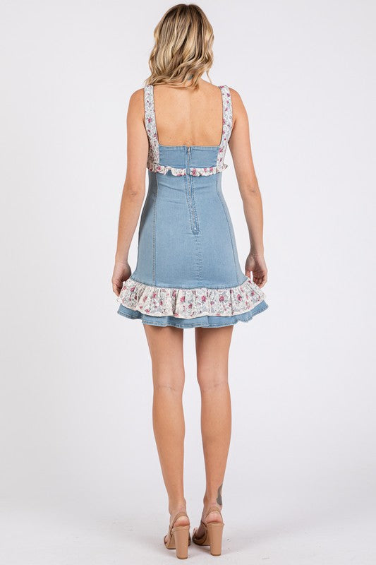 Stretch Denim Lace Ruffle Floral Mini Dress
