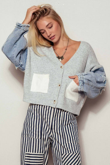 Urban Daizy denim sleeve knit cardigan, casual sweater top with comfortable fit and stylish denim accents.