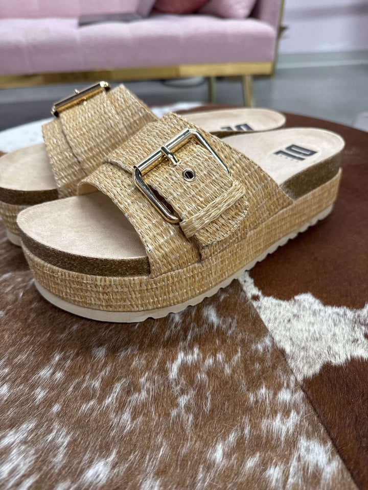 Dirty Laundry Palm Island platform sandal featuring a woven strap design and chunky heel in neutral tones.