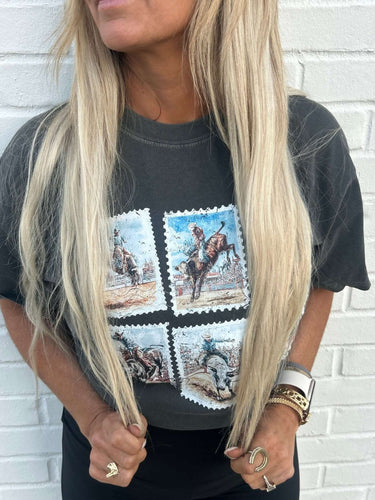 Distressed Cowboy Stamps Graphic Tee - Cowgirl Charm