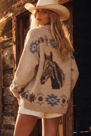 Very J Desert Horse intarsia short sleeve cardigan sweater with desert horse design, lightweight and stylish for casual wear.