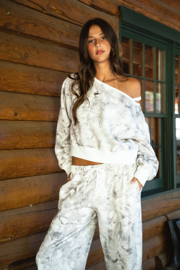 AVERY Light Woodland Camo Off The Shoulder Fleece Sweatshirt