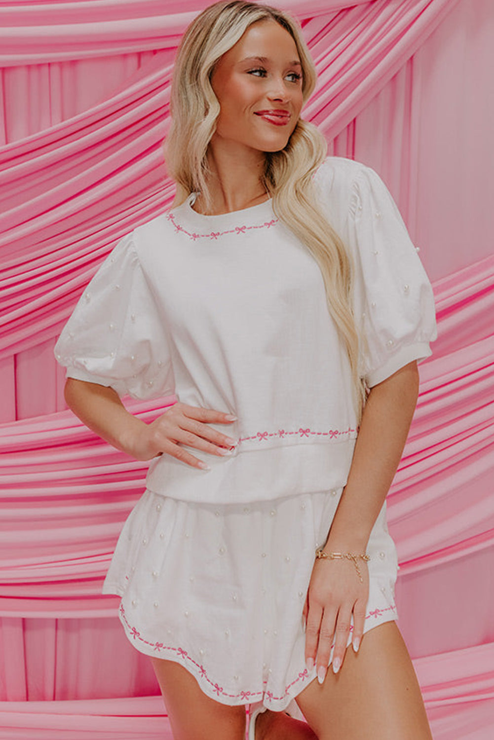 White Contrast Bow Trim Pearl Puff Sleeve Blouse and Skort 2pcs Set