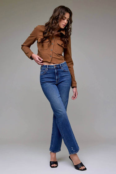 Hidden Jeans Ella Clean Stretch High Rise Classic Straight jeans shown on model, showcasing a sleek, fitted denim style.