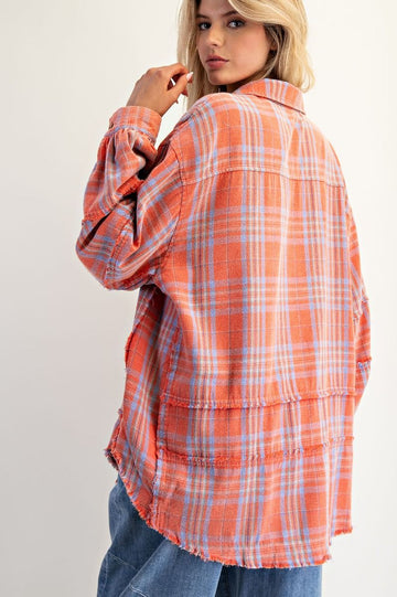 Coral Plaid Oversized Flannel Button-Up Shirt