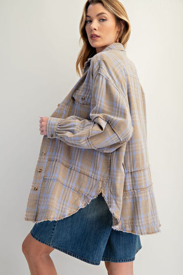 Sage Grey Plaid Oversized Flannel Button-Up Shirt