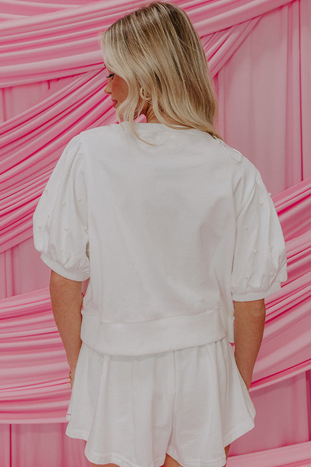 White Contrast Bow Trim Pearl Puff Sleeve Blouse and Skort 2pcs Set