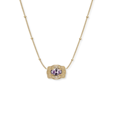 Spurwest Ultra Mini Belt Buckle Birthstone Necklace featuring a small buckle pendant with a vibrant February birthstone.