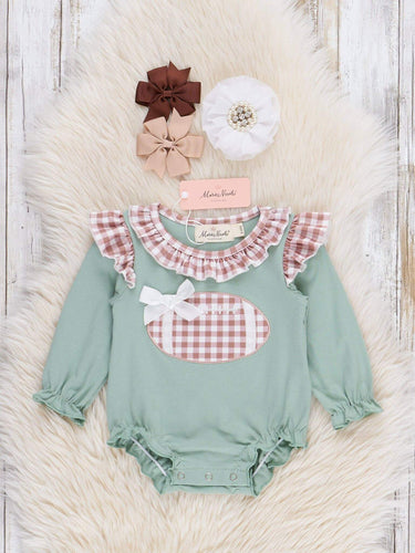 First Down Embroidered Gingham Football Ruffle Romper - Cowgirl Charm