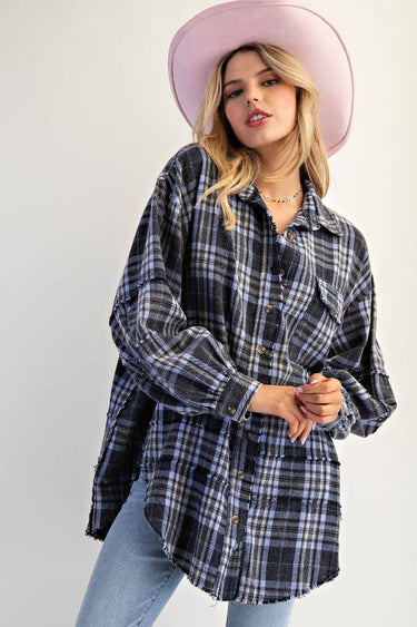 Navy plaid flannel oversized button-up shirt by Easel, casual tops with long sleeves and classic plaid pattern.