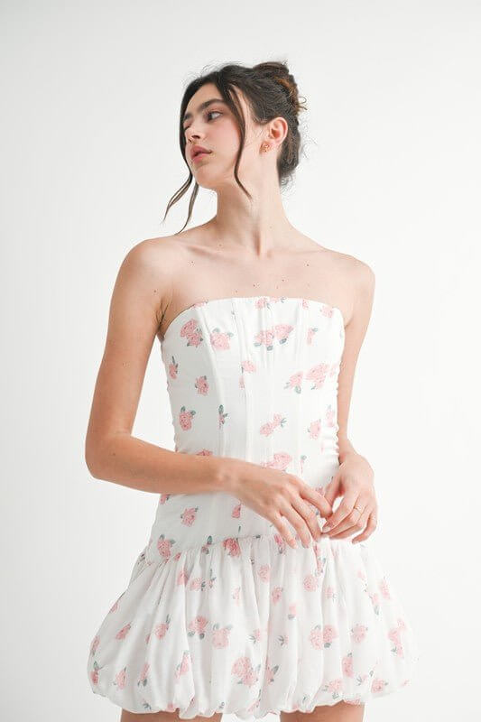White floral strapless mini dress with bubble hem and corset-style bodice for women, by Mable.