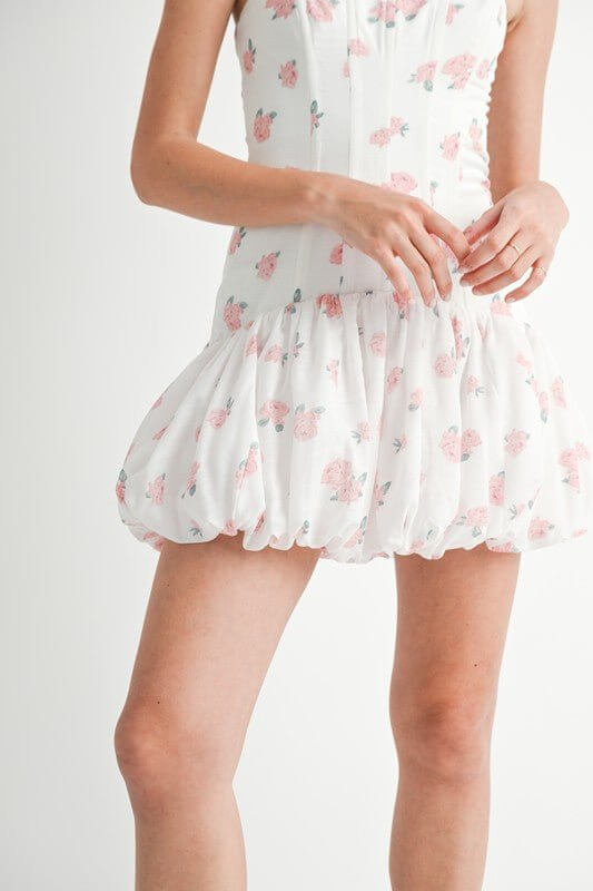 White floral strapless mini dress with bubble hem and corset style for women, by Mable. Perfect for summer occasions.
