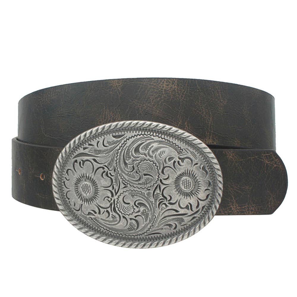 Flower embossed oval buckle vintage strap belt by anbfashion, showing detailed floral design on the leather strap.