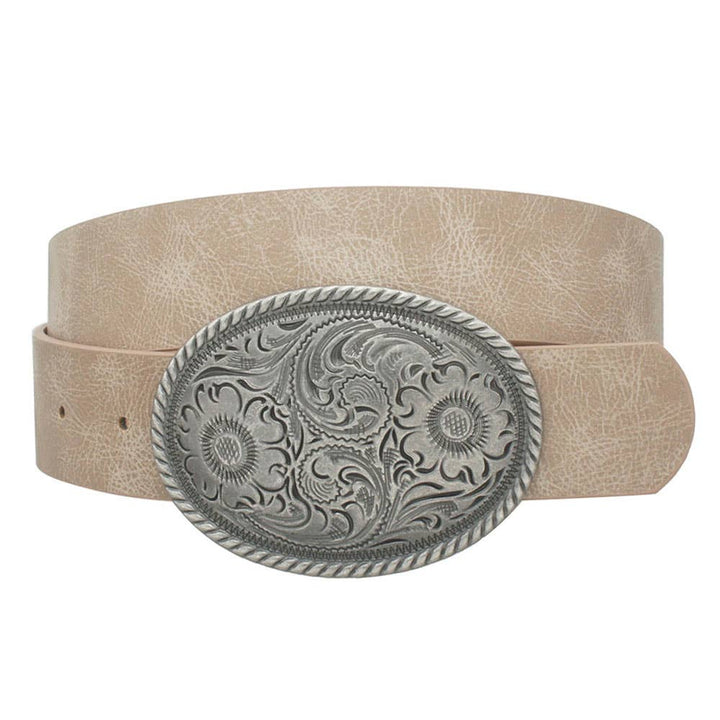 Anbfashion vintage strap belt with flower-embossed oval buckle, stylish and versatile accessory for casual or formal wear.