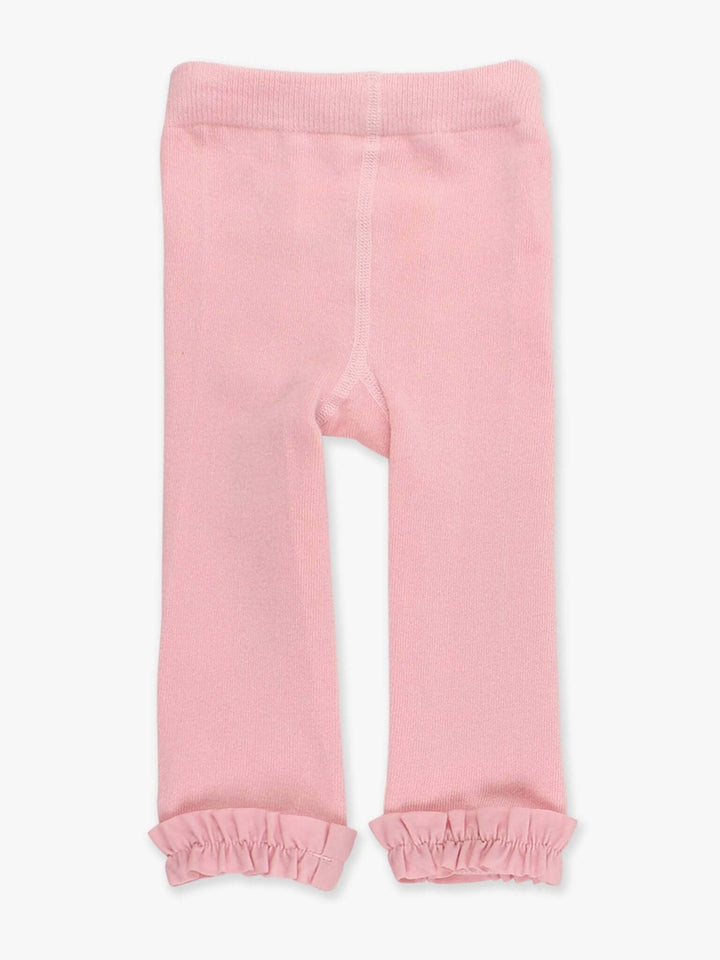 Girls pink footless ruffle tights from RuffleButts + RuggedButts, featuring playful ruffle details and soft, comfortable fabric.