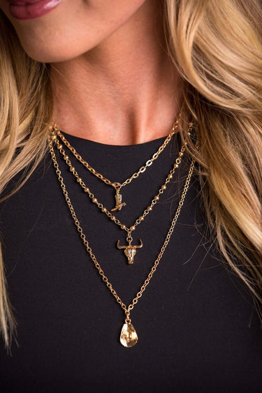 Gold Layer Chain Necklace w/ Cowboy Boot, Skull & Cowboy Hat - Cowgirl Charm